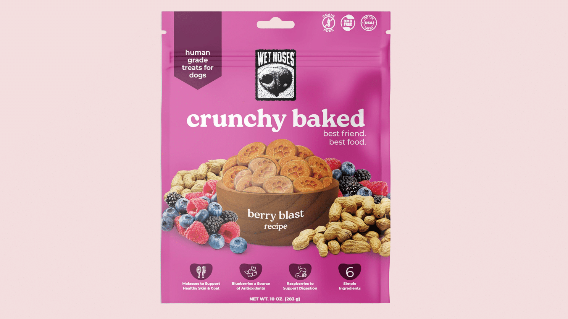 bag of wet noses crunchy baked dog treats berry blast recipe with biscuit treats surrounded by berries and peanuts