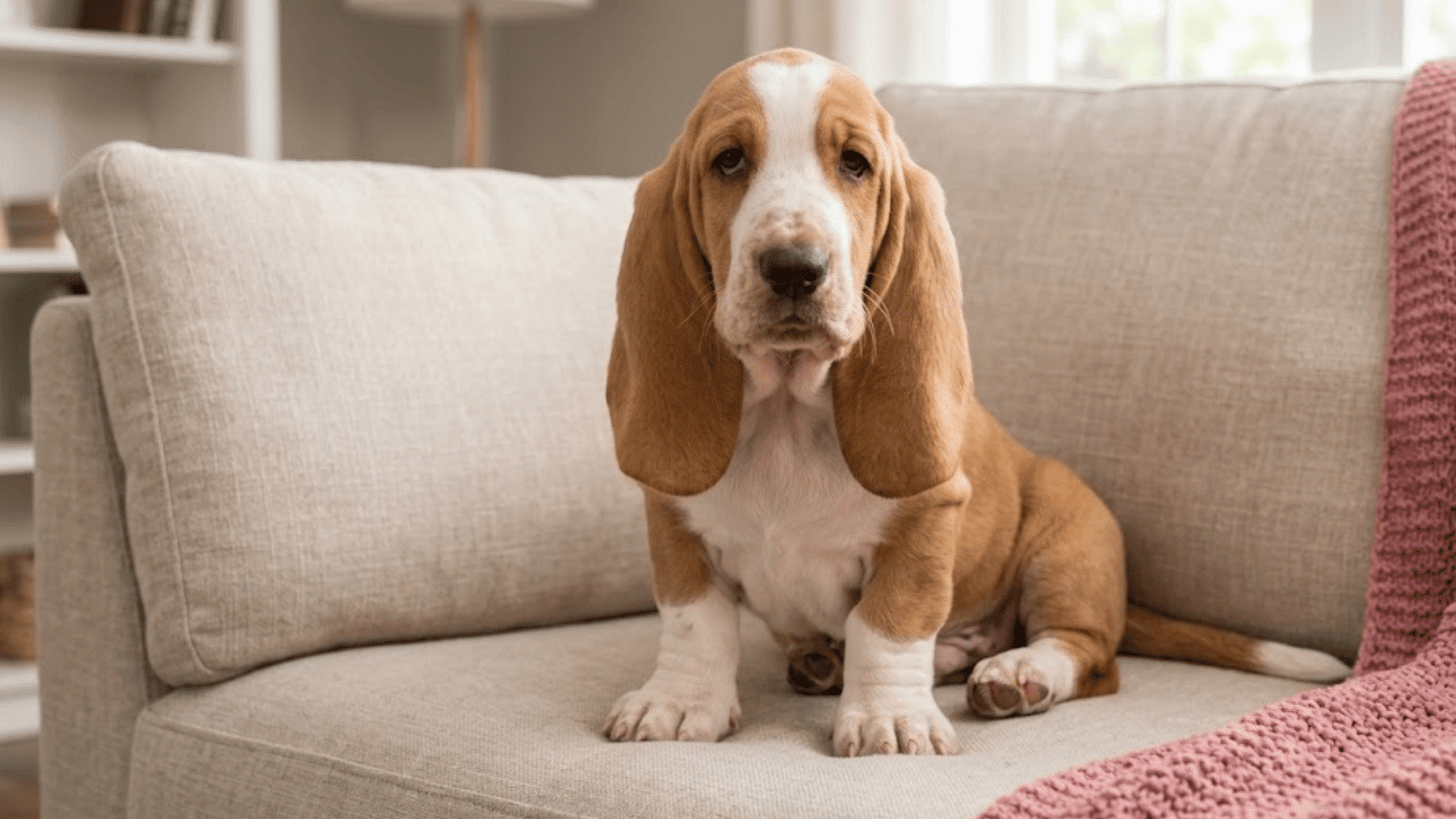 basset hound puppy sitting on a beige sofa indoors with long ears and a calm expression in a cozy room