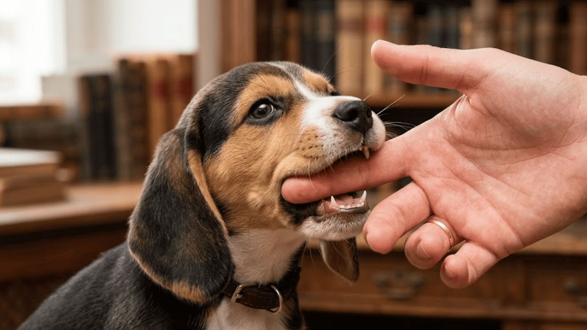 beagle puppy gently chewing a persons finger while looking up in a room with bookshelves in the background