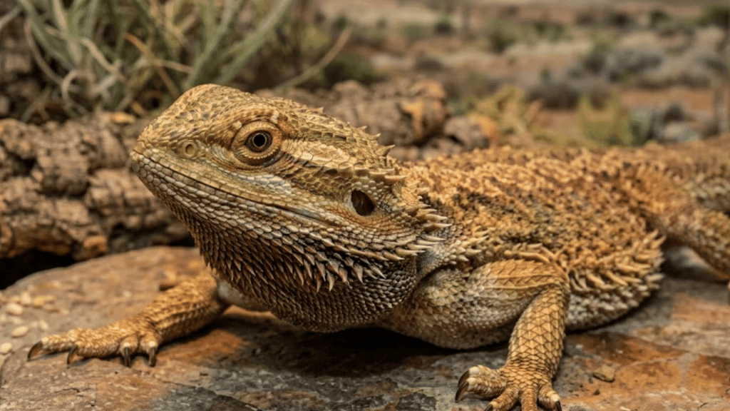 bearded dragon lizard resting on a rocky surface with textured scales and desert plants in the background