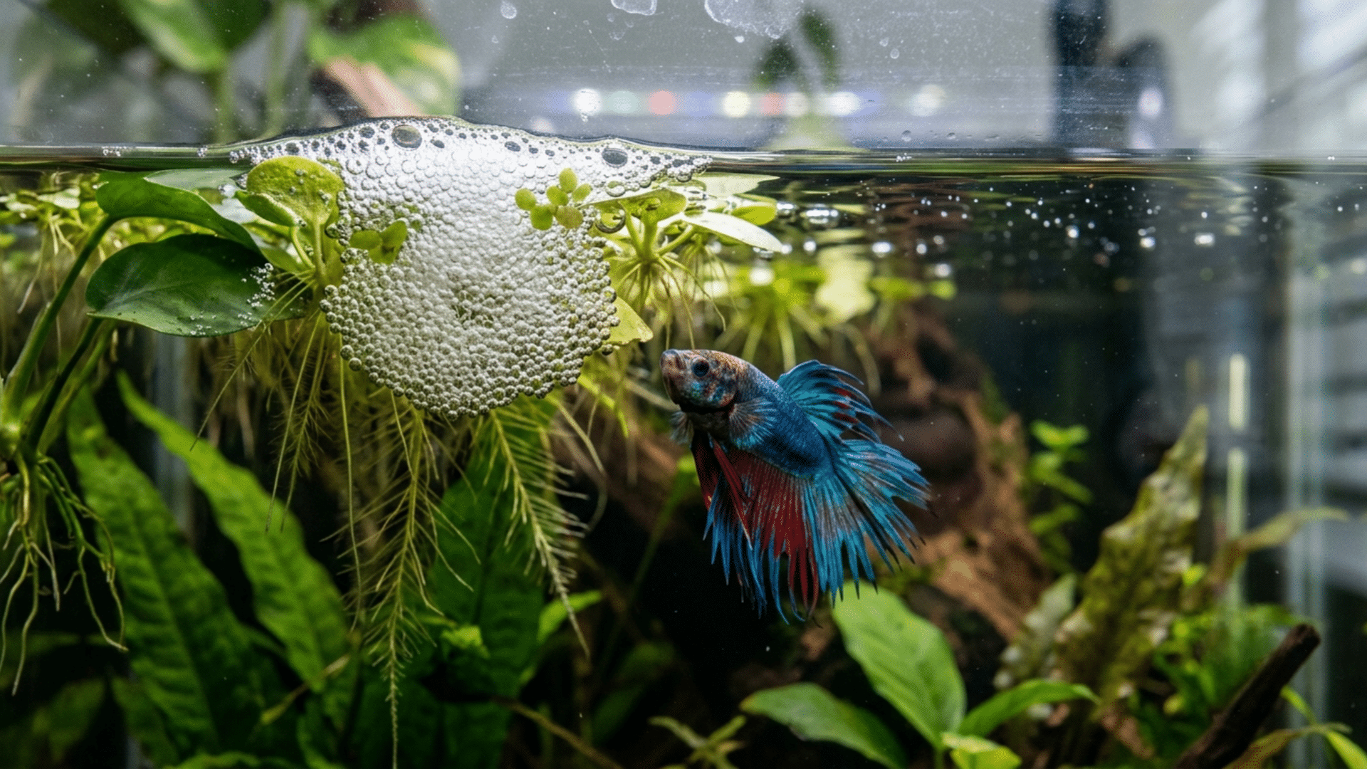betta fish building bubble nest near water surface inside planted aquarium without air bubbler system