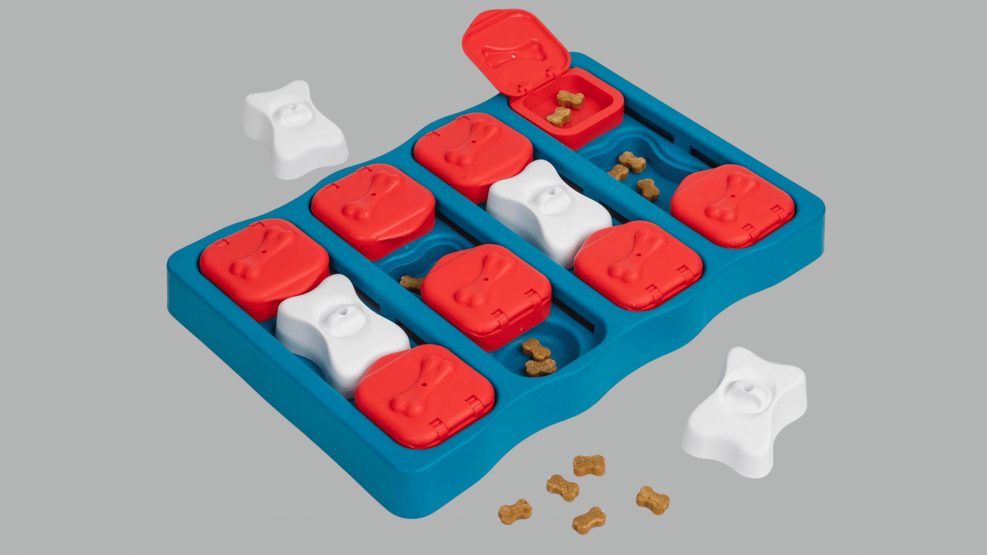 blue interactive dog puzzle feeder with red flip lids white sliders and hidden treat compartments with bone shaped treats
