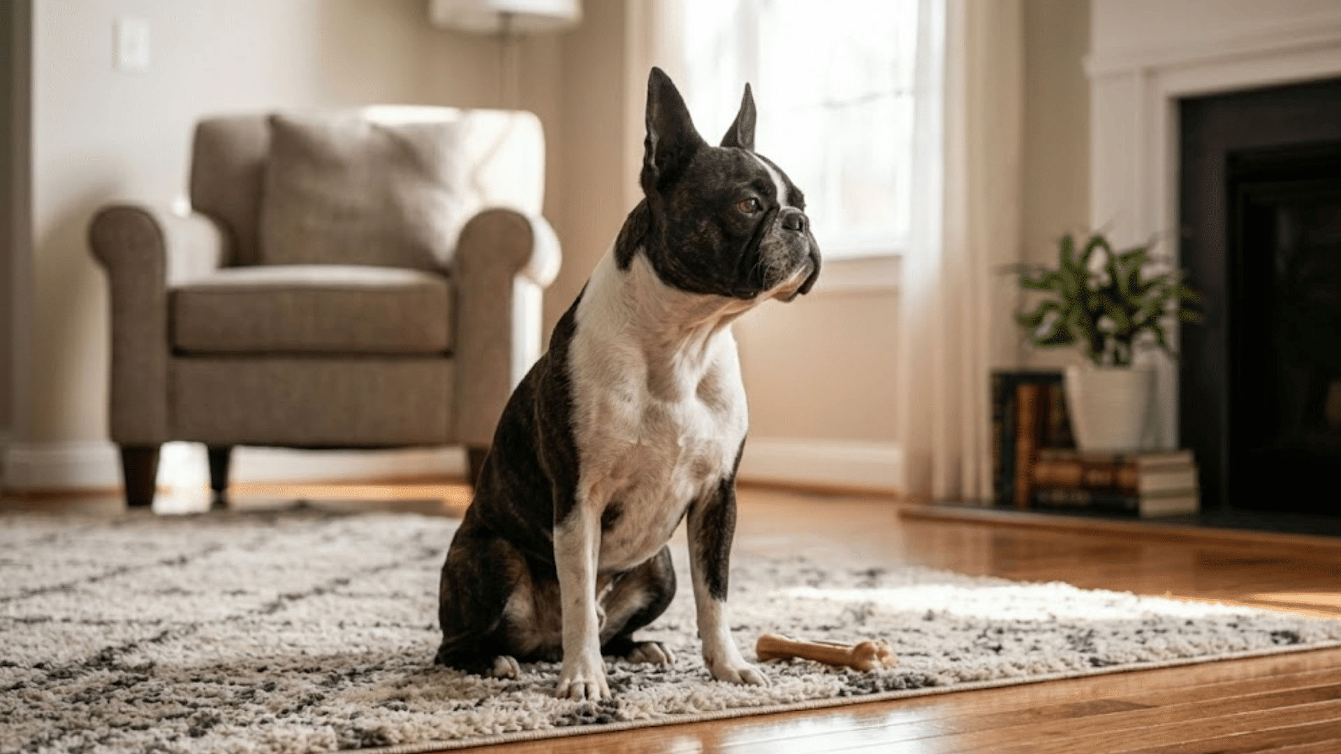 brindle and white boston terrier dog sitting on a patterned rug next to a chew bone in a sunlit living room with a chair