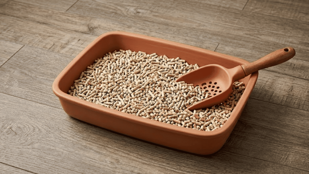 brown cat litter tray filled with wood pellet litter and scoop placed on wooden floor indoors