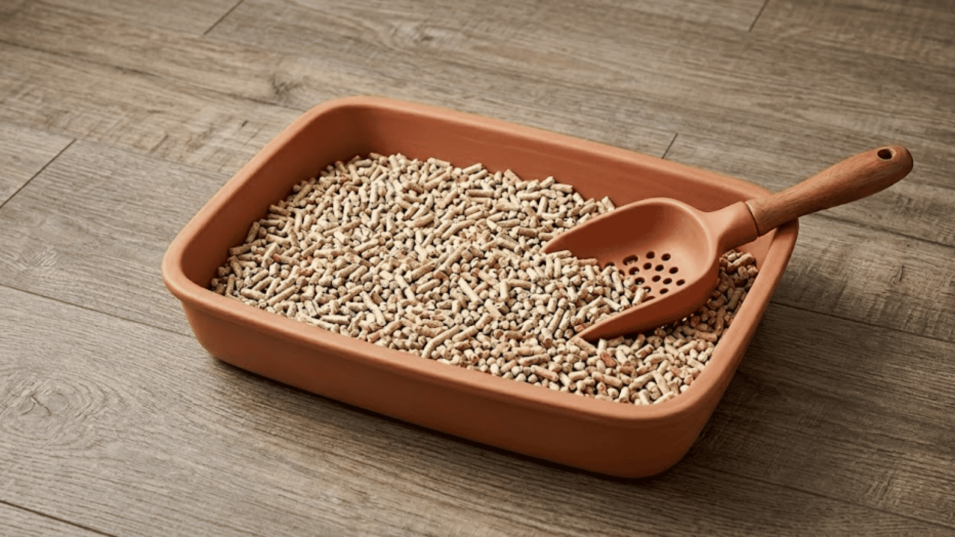 brown cat litter tray filled with wood pellet litter and scoop placed on wooden floor indoors