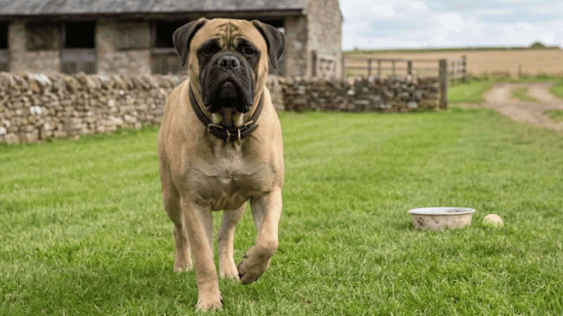 bullmastiff walking on green grass near a stone wall farmhouse water bowl and tennis ball in the background