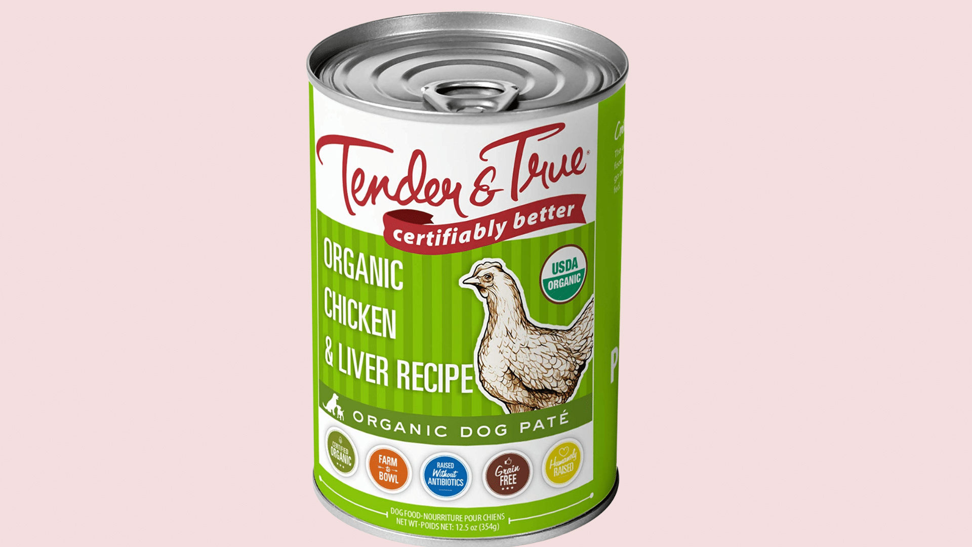 can of tender and true organic dog pate featuring chicken and liver recipe with chicken illustration on green label