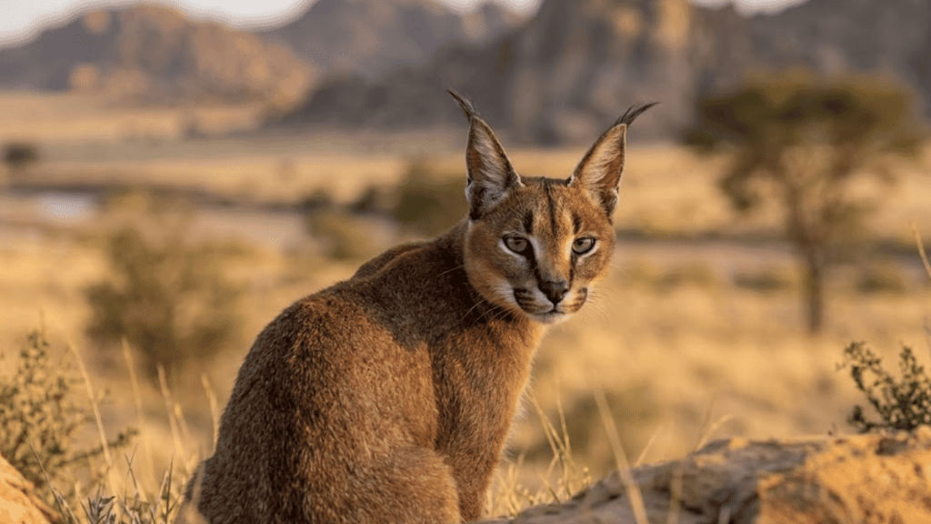 caracal sitting in dry grass with tufted ears and rocky savanna mountains in the background