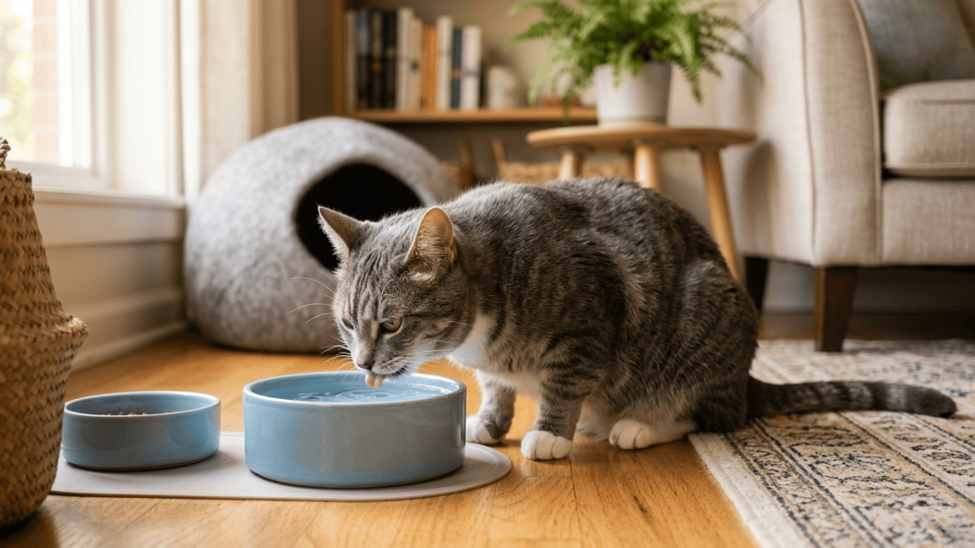 cat drinking water from a bowl near sofa in a calm indoor environment