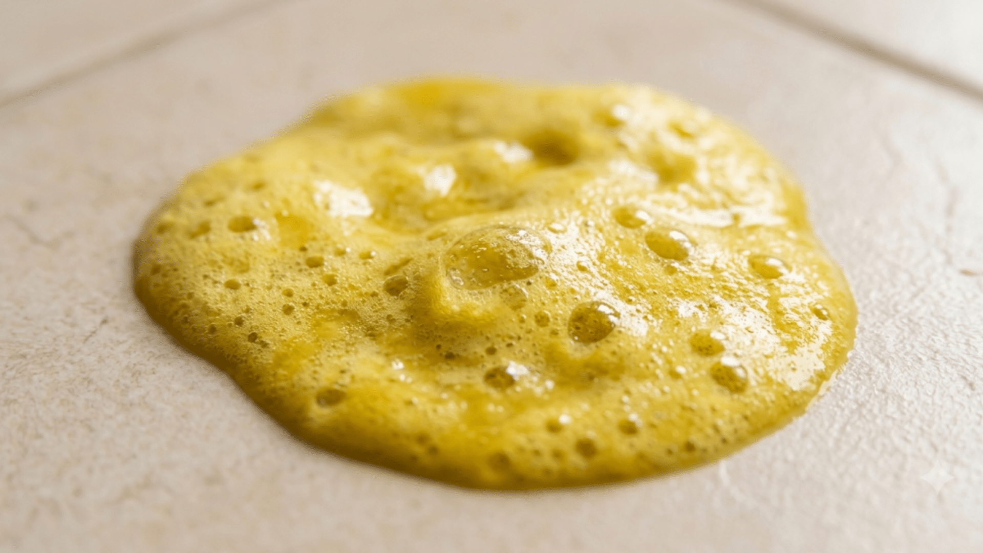 close up of a yellow foamy puddle of dog vomit on a light colored floor with visible bubbles and texture