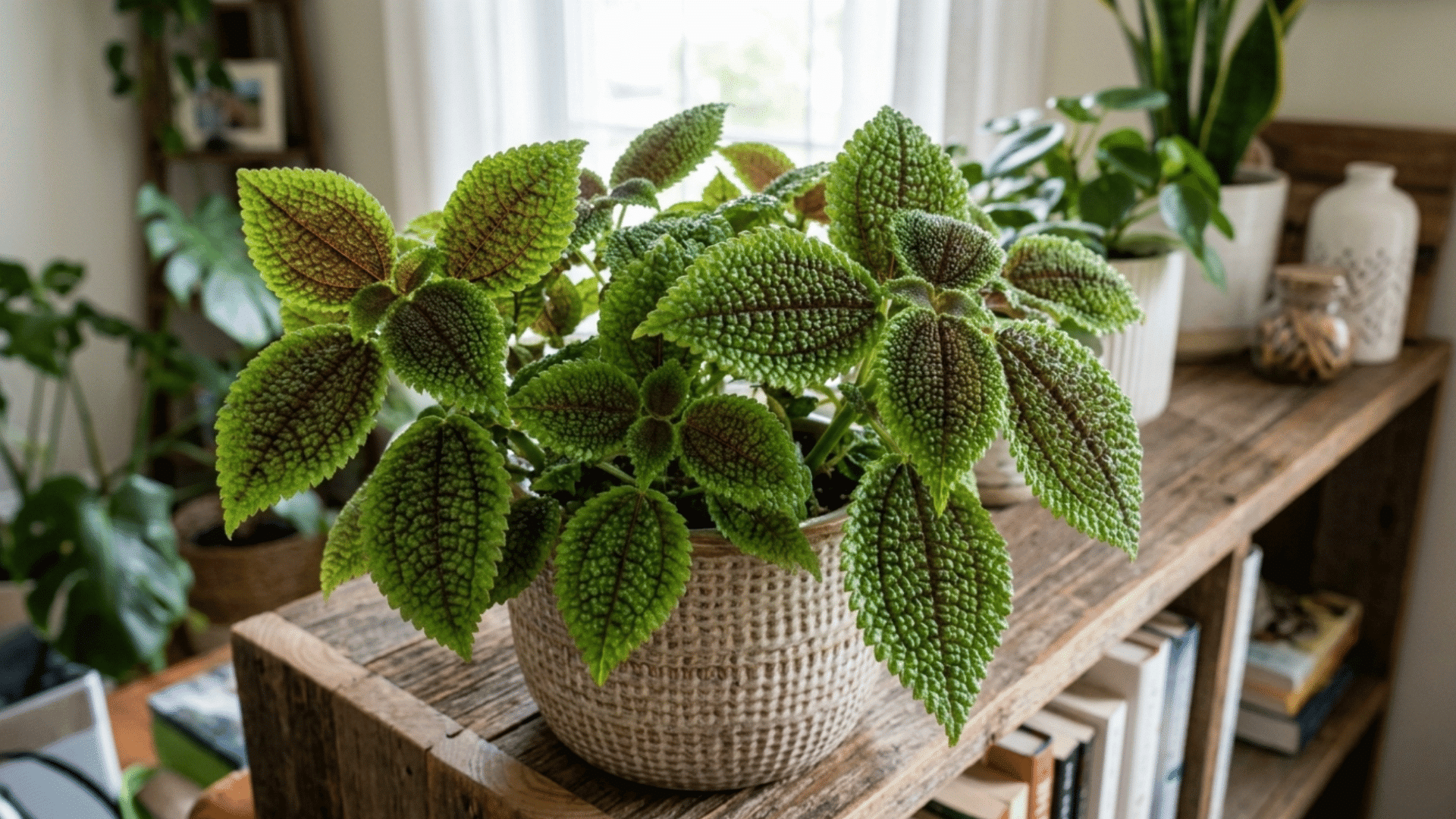 closeup of friendship plant textured leaves