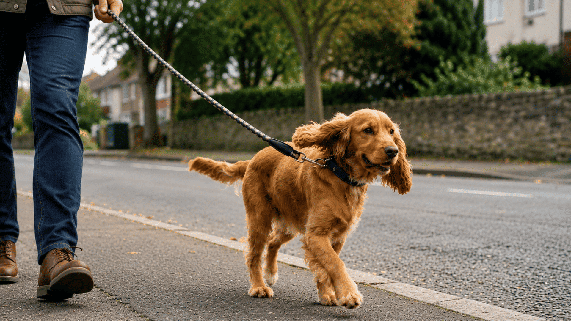 cocker spaniel walking on a leash along a quiet street with flowing ears and an alert cheerful expression
