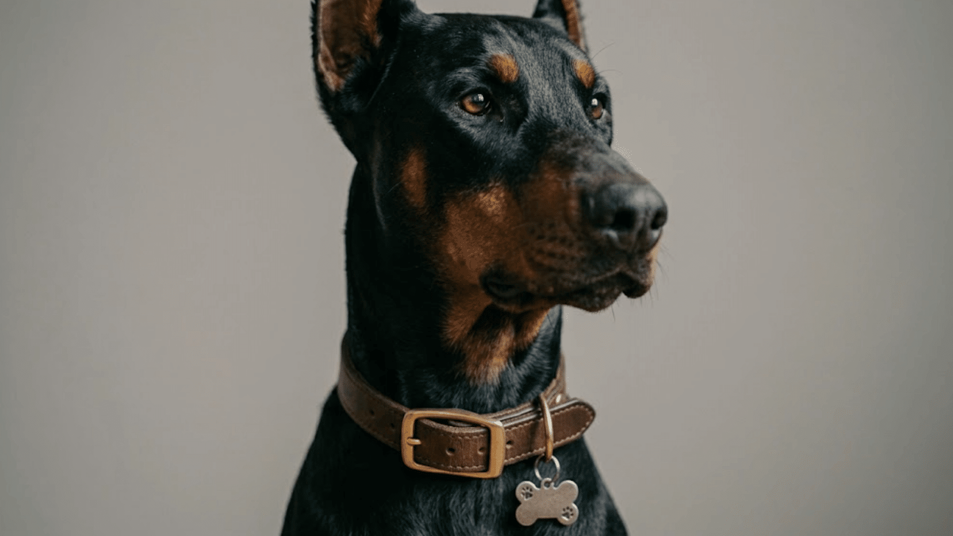 doberman wearing a brown leather collar with an id tag looking alert against a plain indoor background