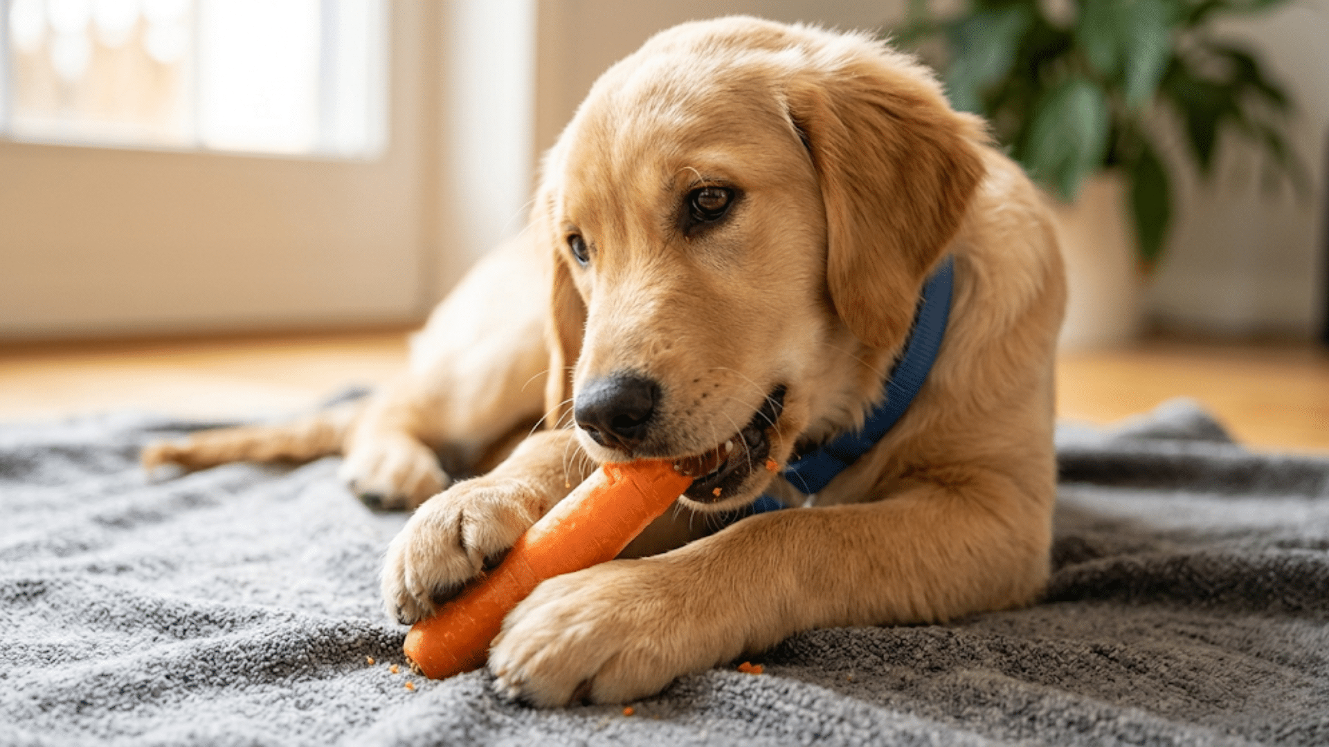 dog eating healthy vegetables and fruits including carrots blueberries and okra
