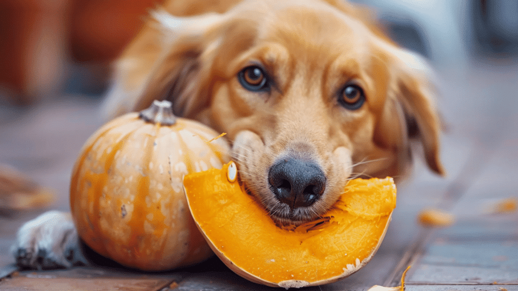dog holding a slice of butternut squash beside a whole squash while resting outdoors on a patio floor