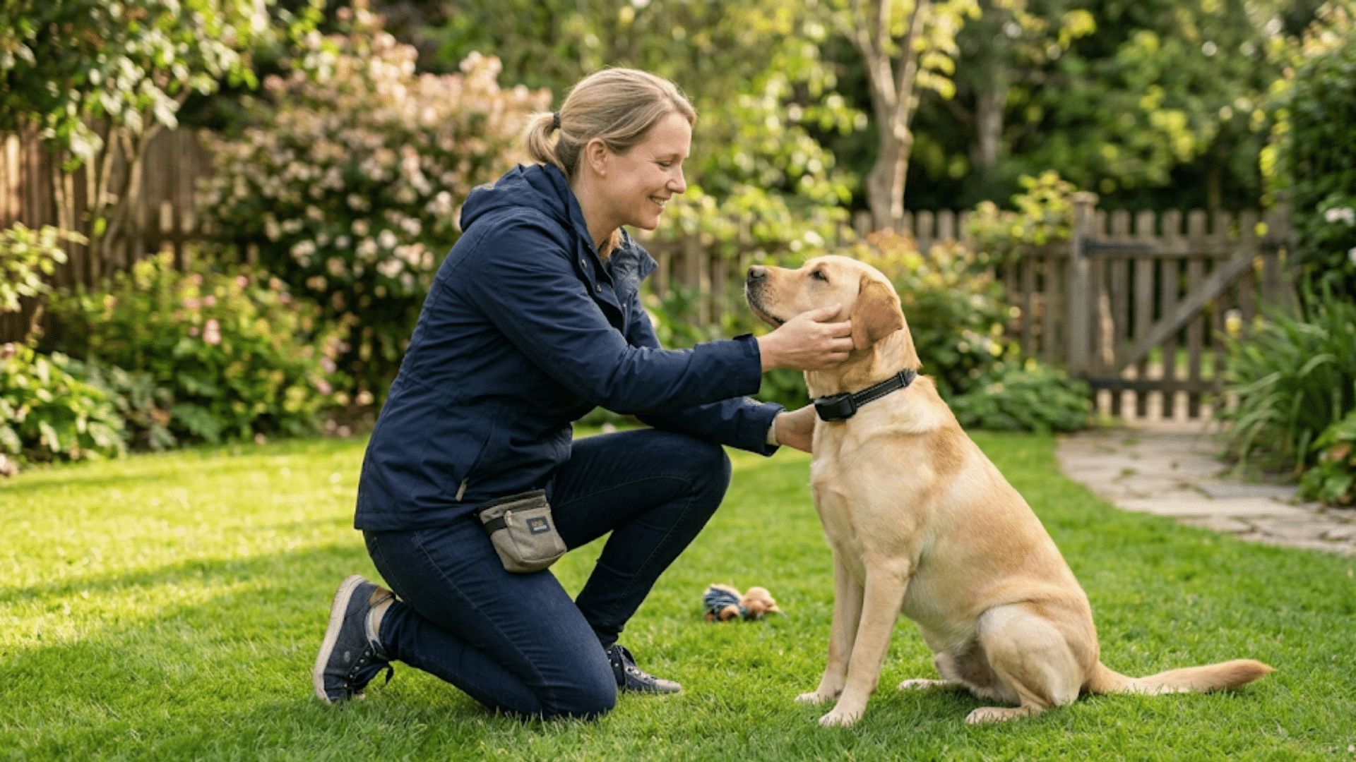 dog owner rewarding a labrador wearing an e collar during positive training session