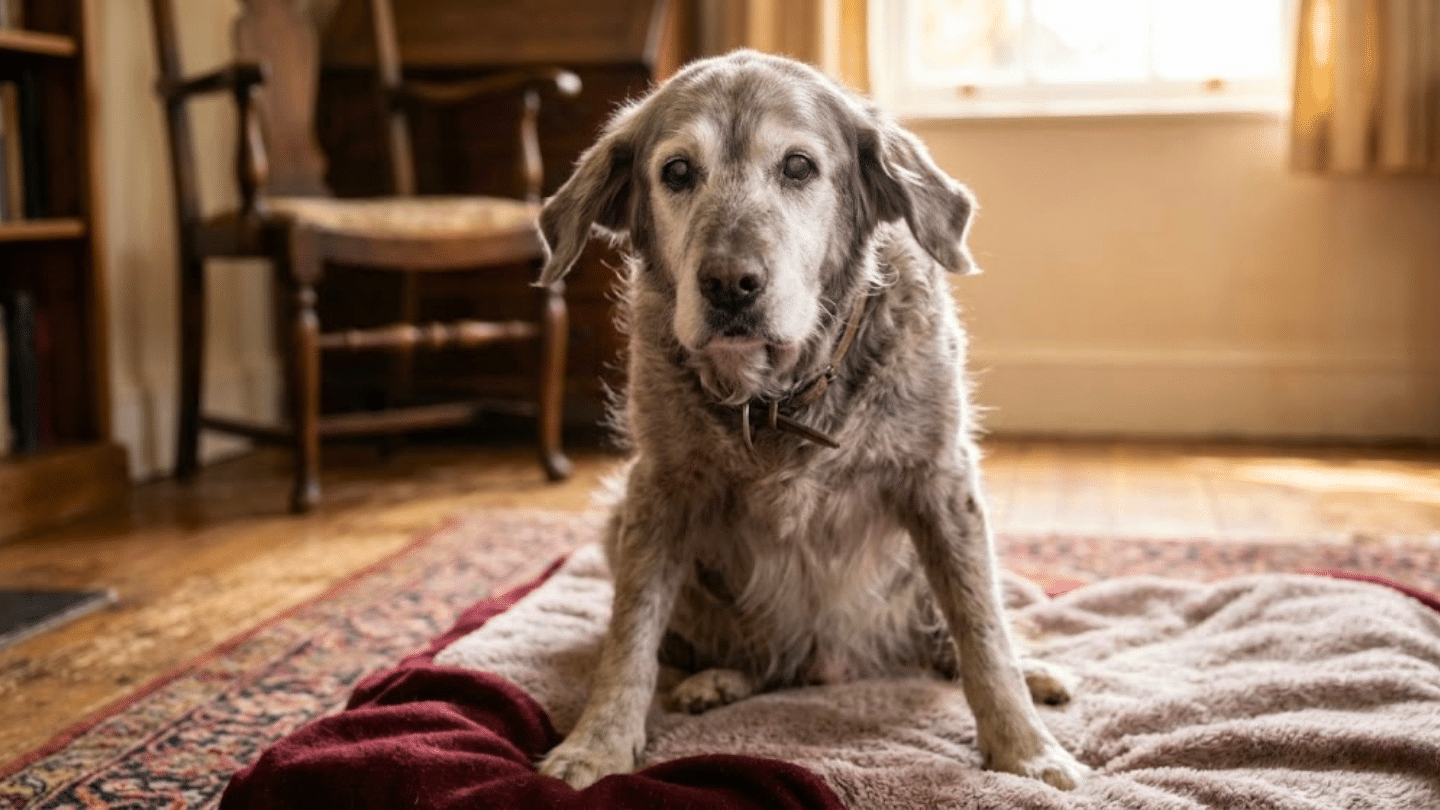 elderly gray dog sitting on a soft blanket in a living room with a calm expression and natural light from a window