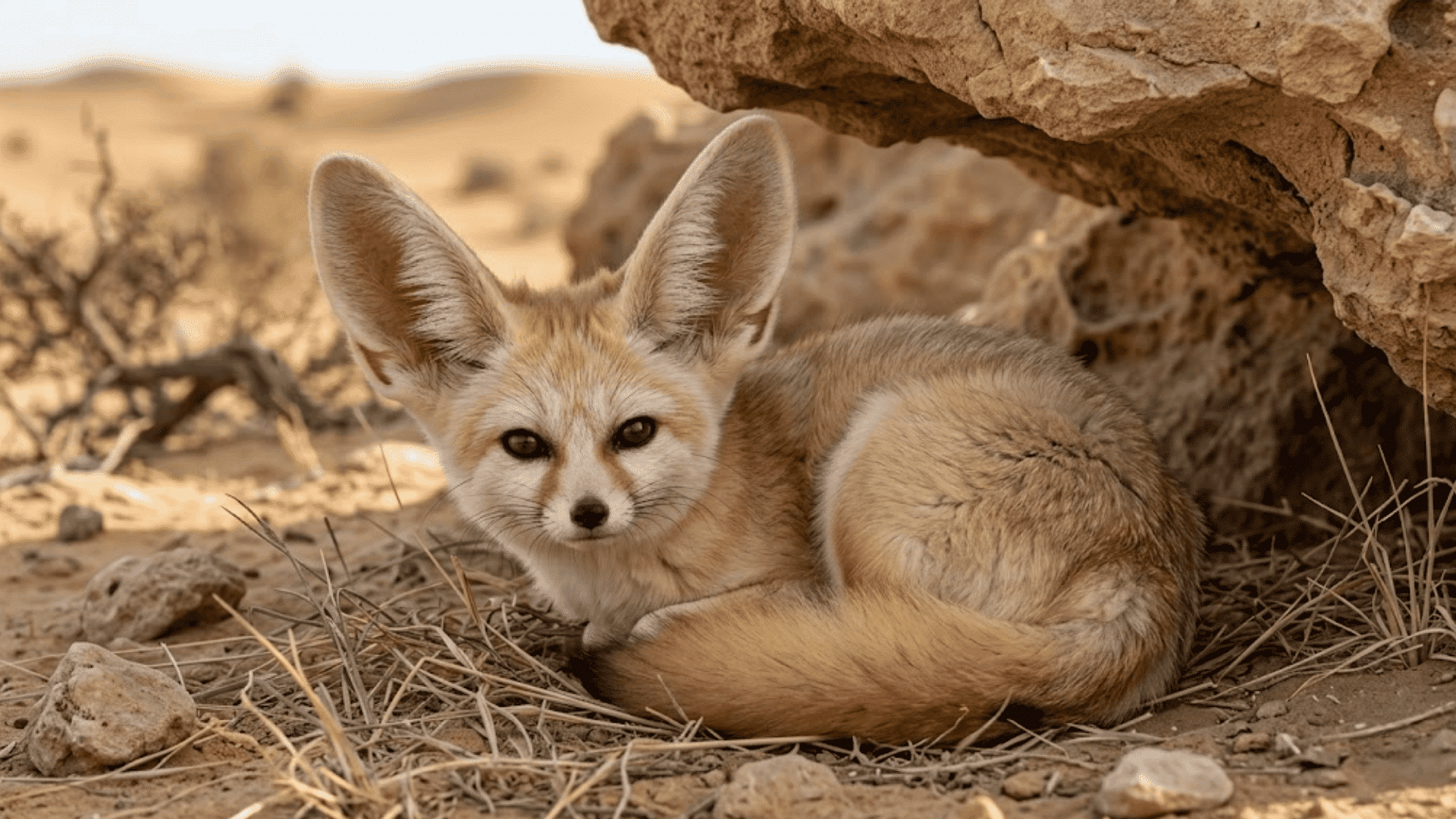 fennec fox resting under desert rocks with large ears sandy fur dry grass and soft dunes behind it
