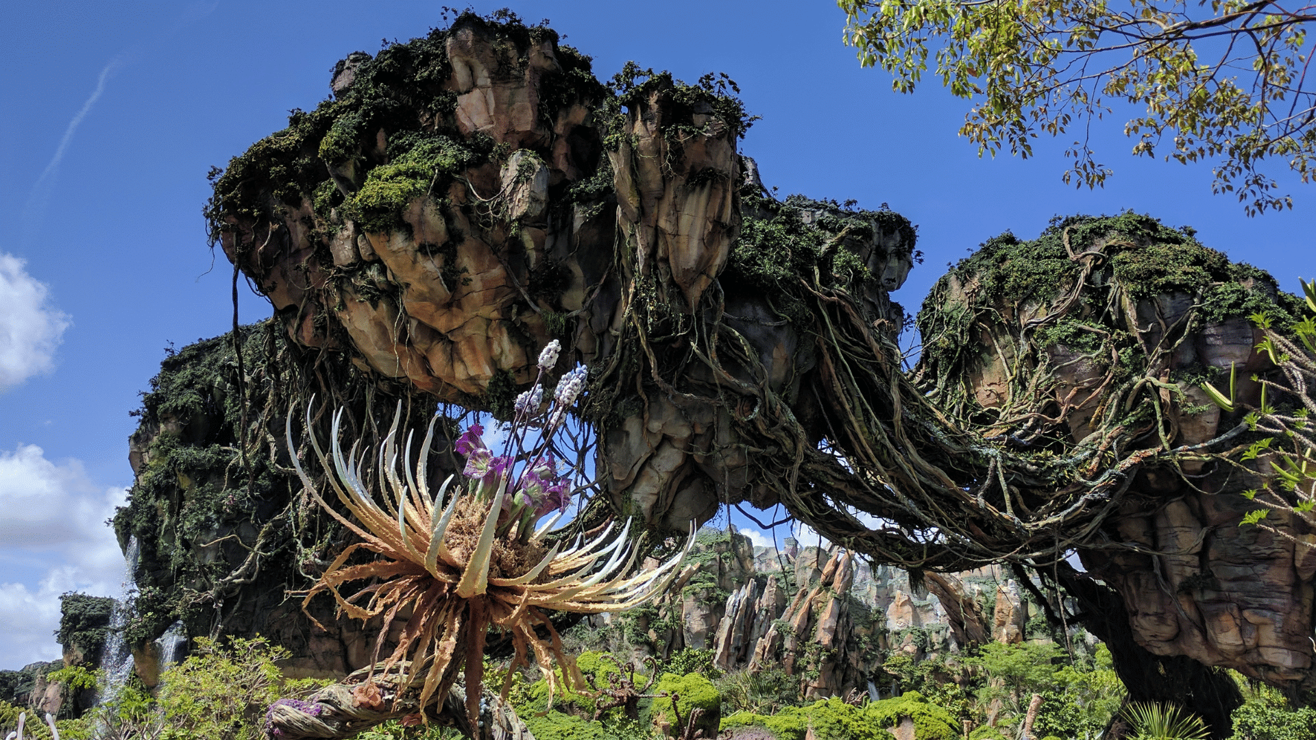 floating mountains rise above lush landscape in world of avatar with hanging vines alien plants and clear blue sky backdrop