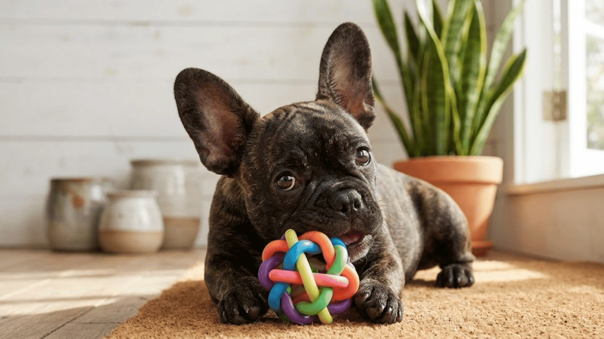 french bulldog puppy lying on a rug chewing a colorful rubber toy near a window with a potted plant behind it