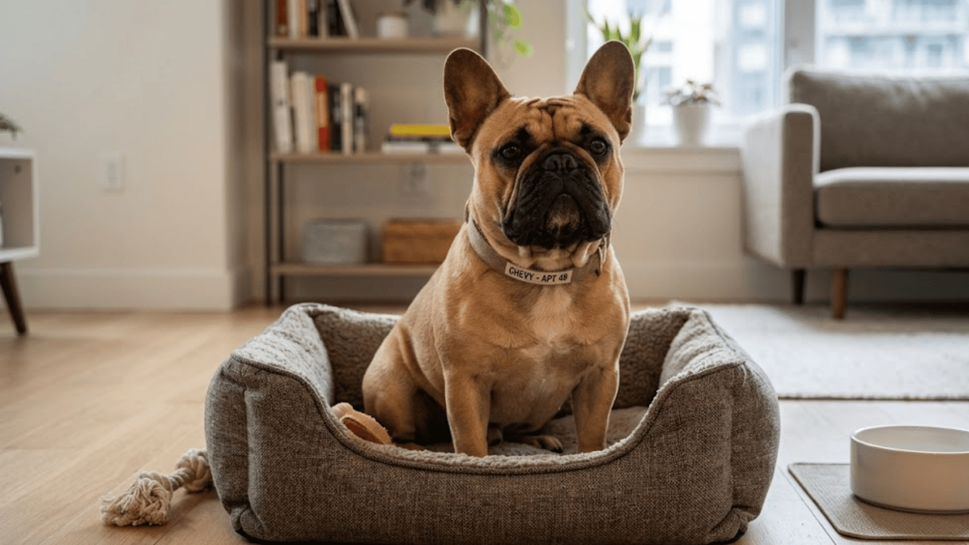 french bulldog sitting in a cozy dog bed inside a modern apartment with food bowl nearby and soft natural light