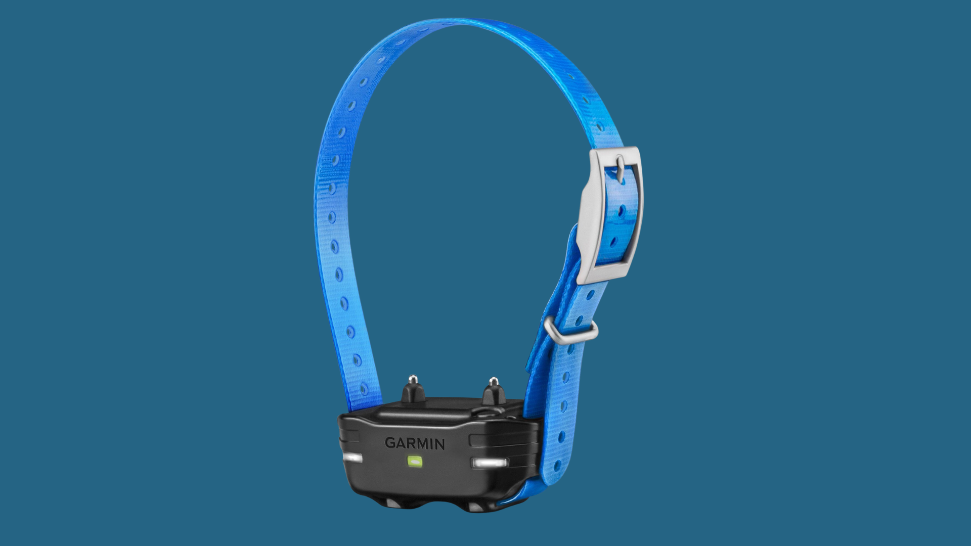 garmin gps dog training collar with blue adjustable strap and tracking receiver for outdoor adventures