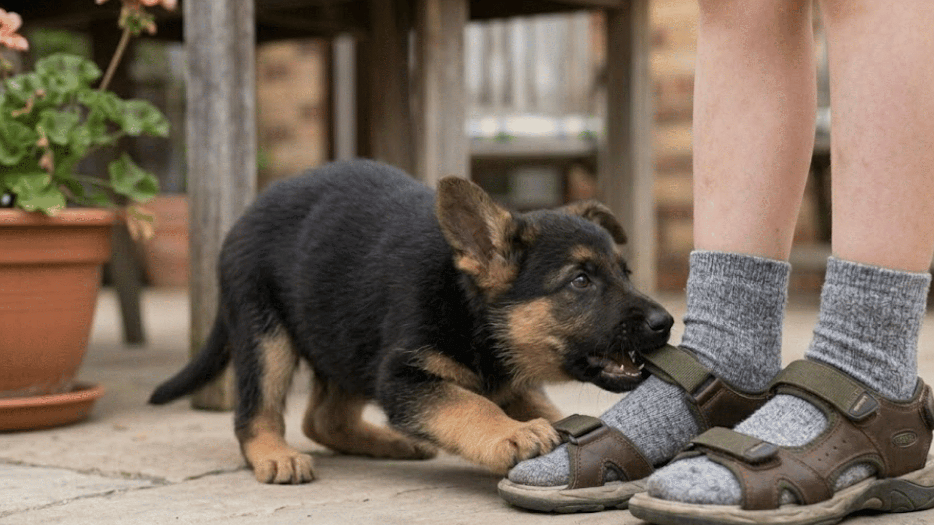 german shepherd puppy playfully chewing a childs sandal while standing on a patio beside outdoor furniture and plants