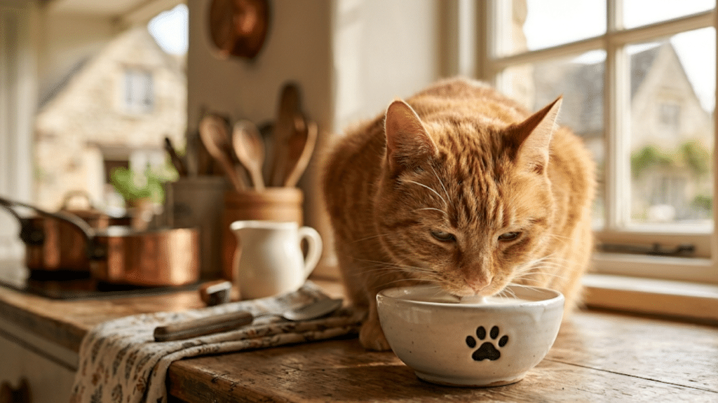 ginger cat drinking from a white bowl on a wooden kitchen table beside a sunlit window in a cozy home interior