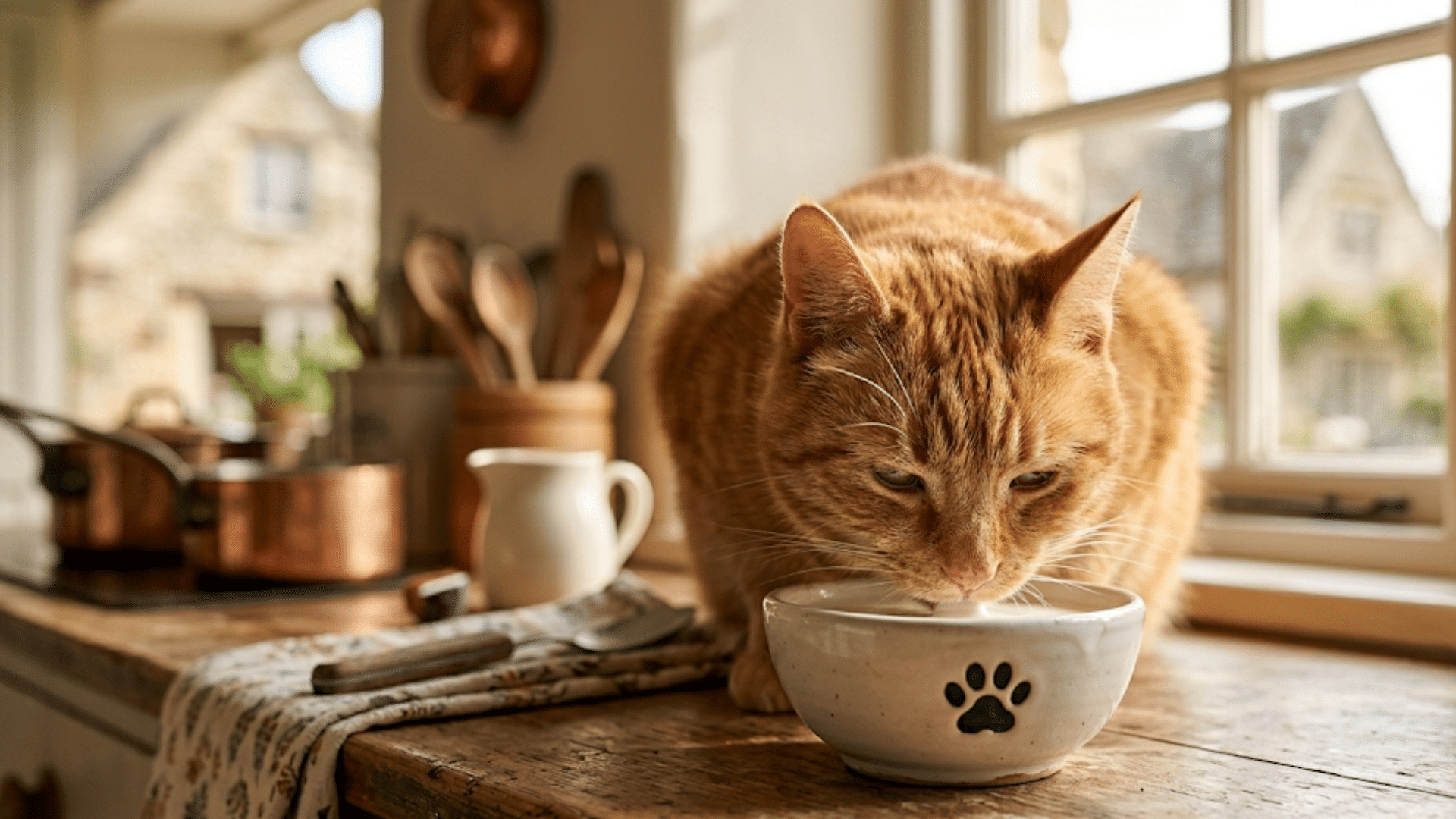 ginger cat drinking from a white bowl on a wooden kitchen table beside a sunlit window in a cozy home interior