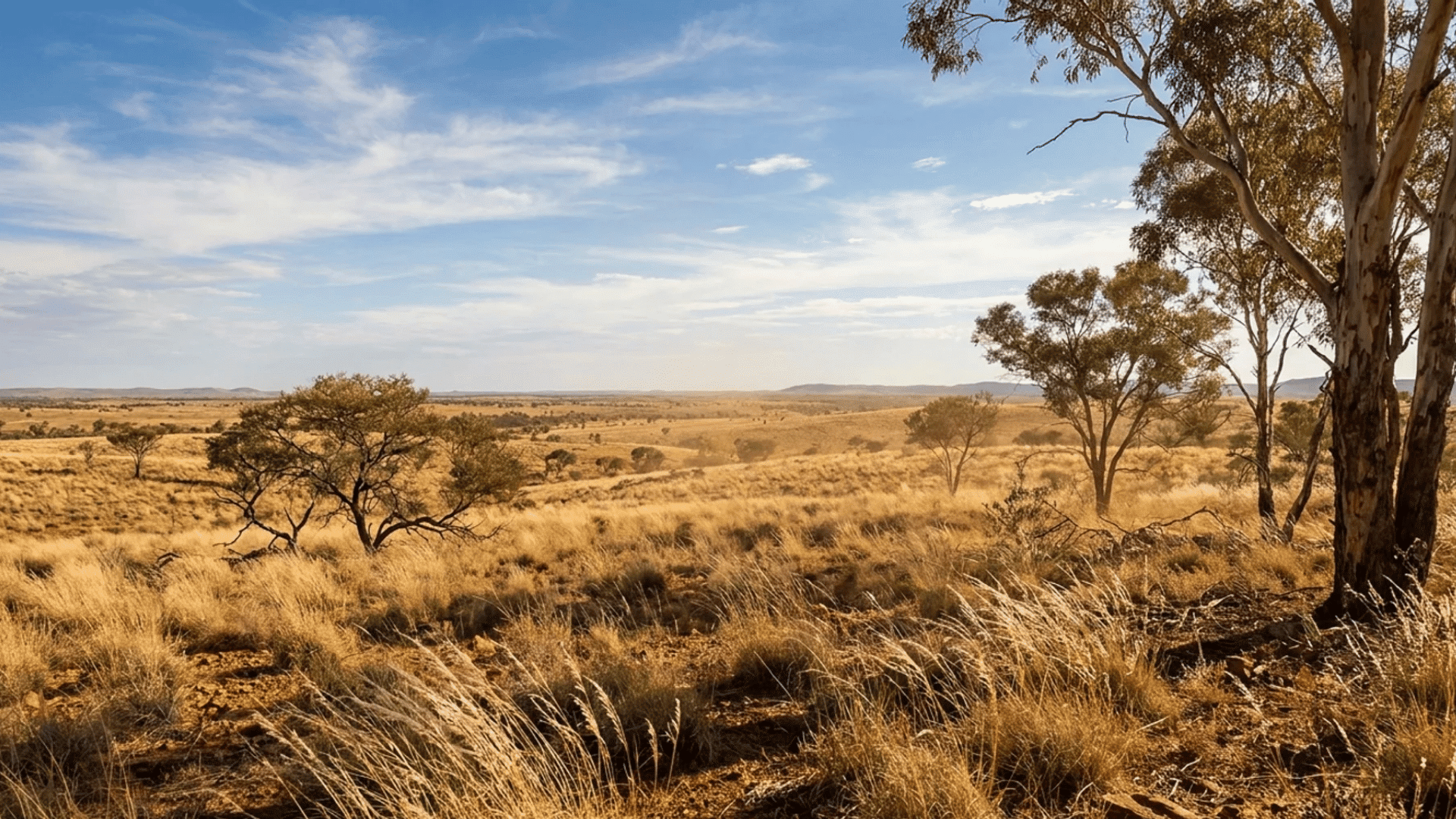 golden grassland stretching across rolling plains with scattered eucalyptus trees beneath a wide blue sky with clouds