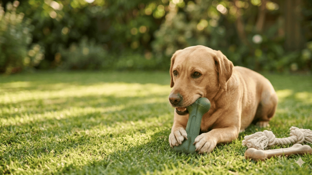 golden labrador chewing a green toy bone while lying on grass in a sunny backyard garden