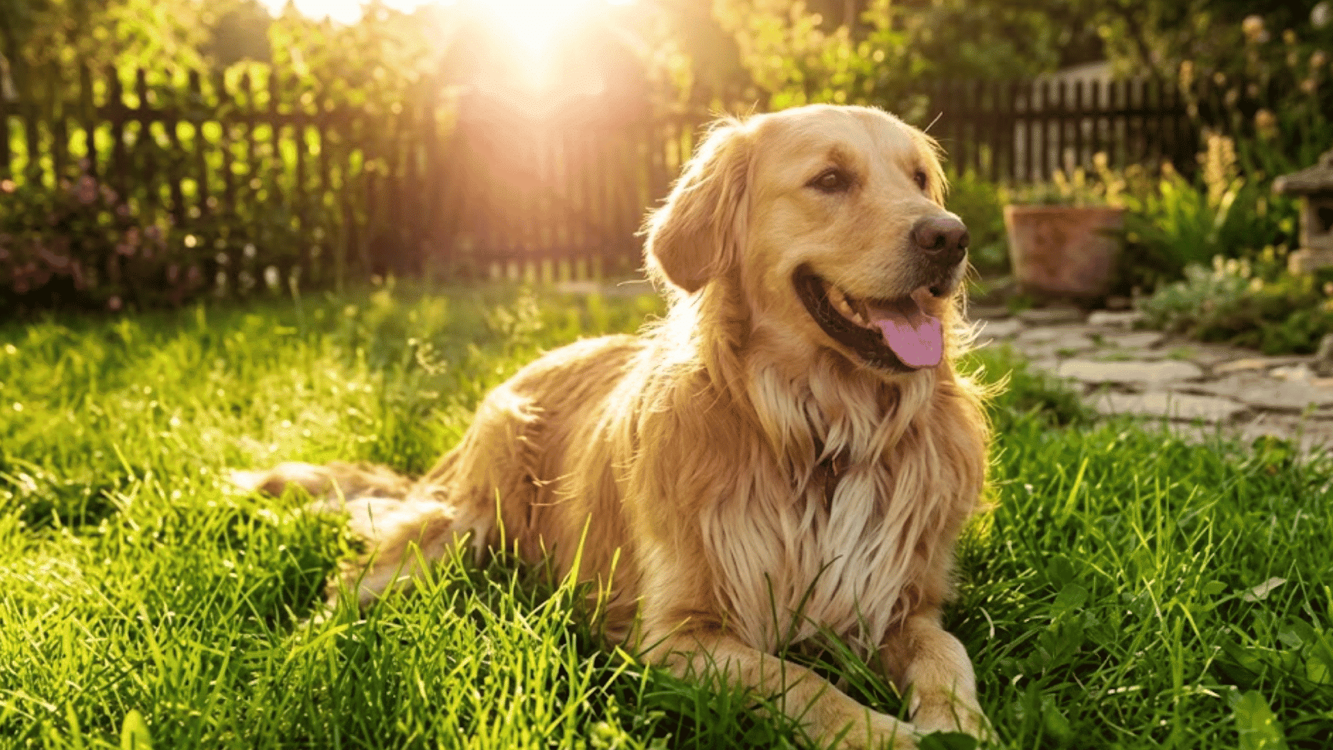 golden retriever dog lying in lush green grass in a sunny garden with a wooden fence in the background