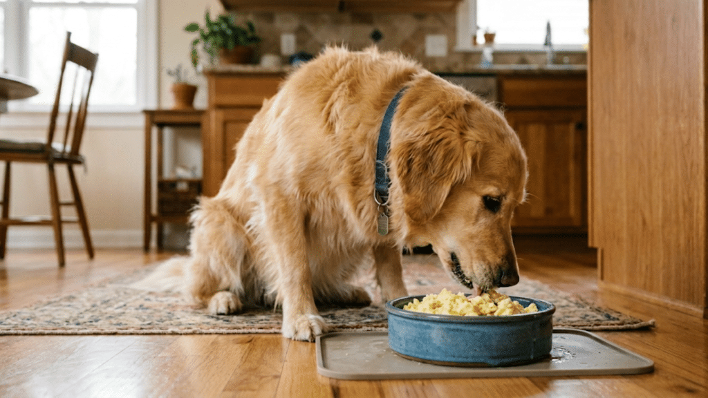 golden retriever eating scrambled eggs from a bowl on a mat in a warm kitchen