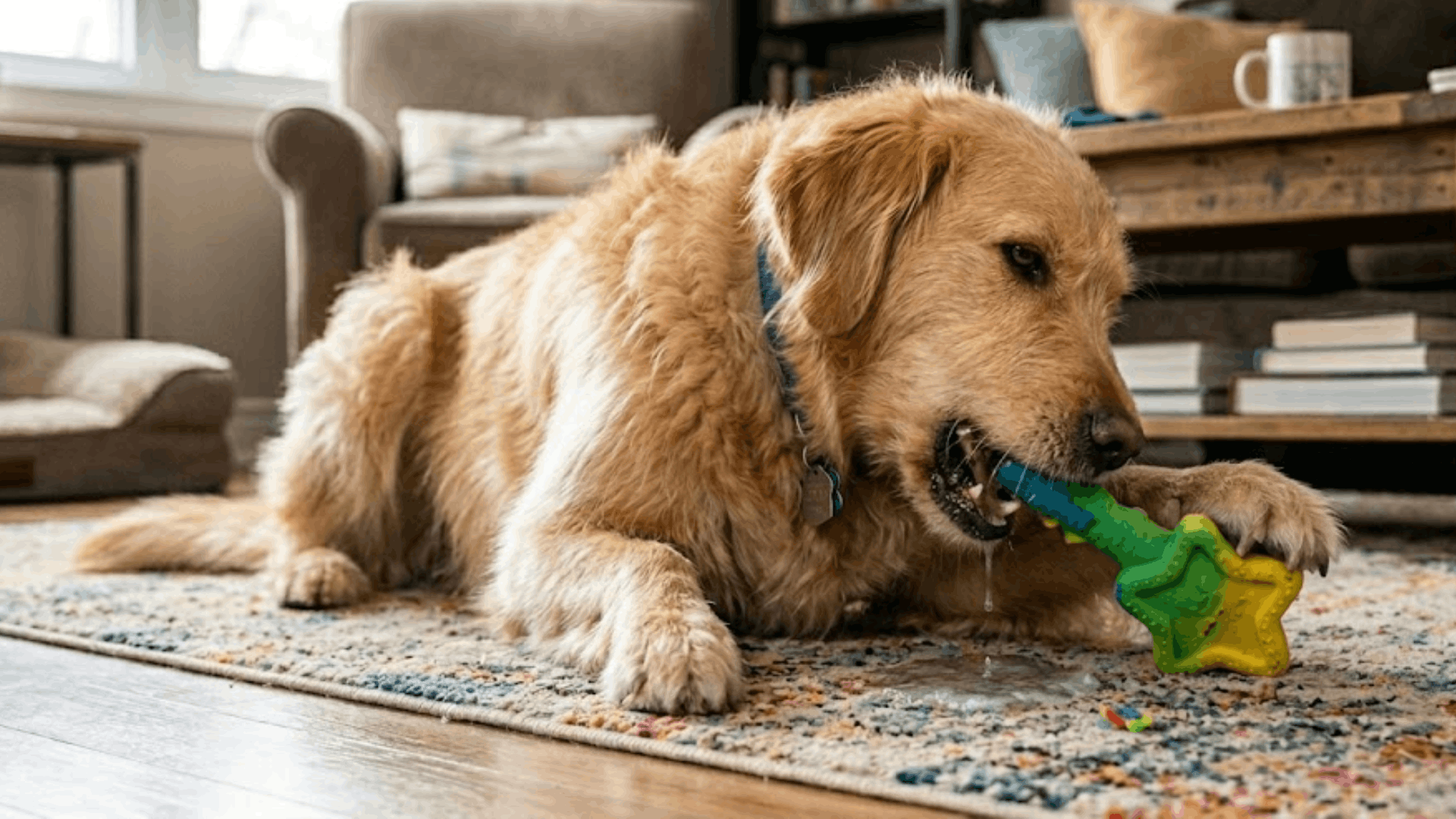 golden retriever lying on a rug chewing a green and yellow star shaped toy inside a cozy living room (2) (1)