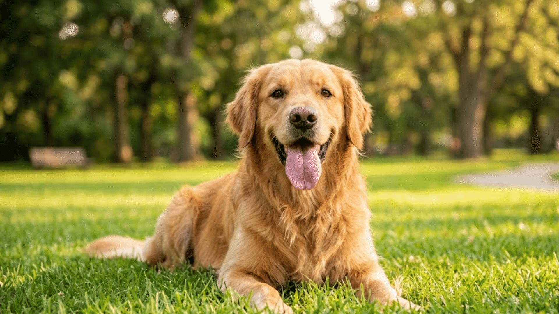 golden retriever lying on green grass with tongue out in a sunny park surrounded by trees and open space