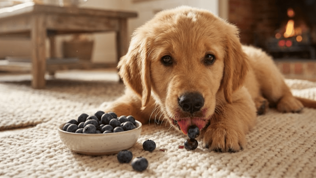 golden retriever puppy lying on a rug eating blueberries beside a small bowl in a cozy living room near a fireplace