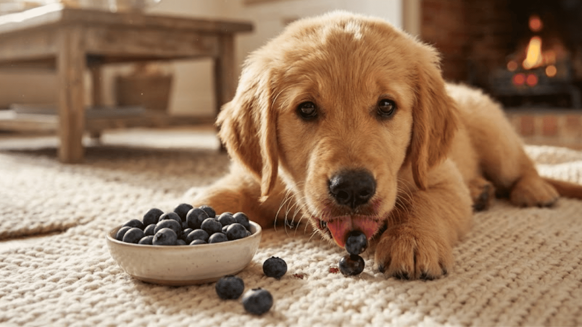 golden retriever puppy lying on a rug eating blueberries beside a small bowl in a cozy living room near a fireplace