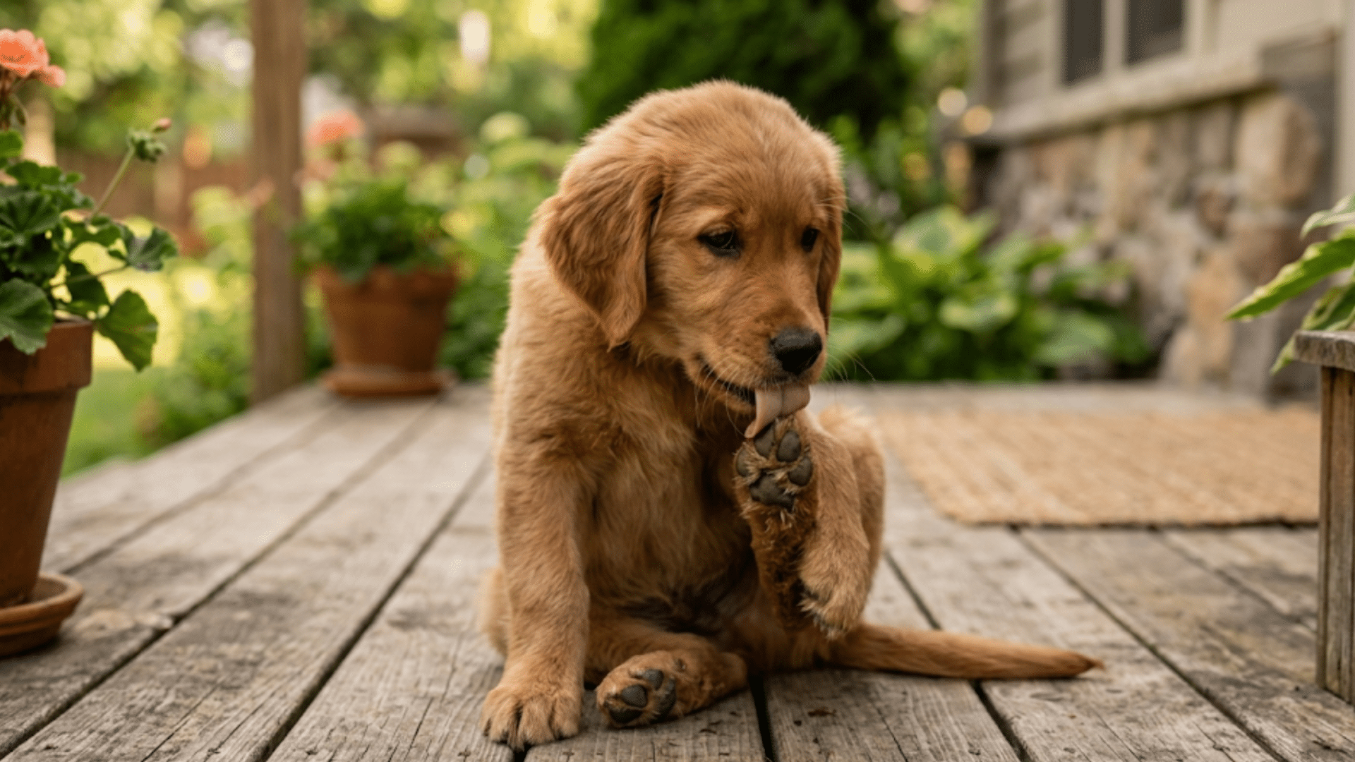 golden retriever puppy sitting on a wooden deck licking its paw beside green plants in a sunny garden