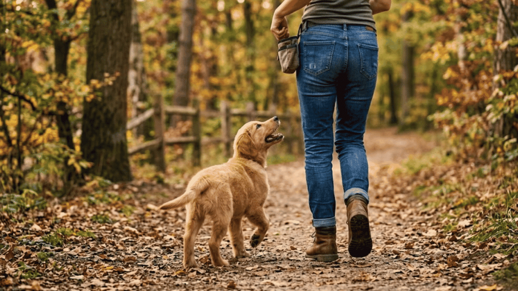 golden retriever puppy walking beside owner on forest trail during autumn outdoor training and bonding time