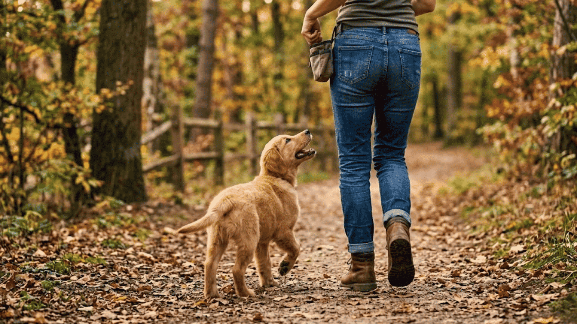 golden retriever puppy walking beside owner on forest trail during autumn outdoor training and bonding time