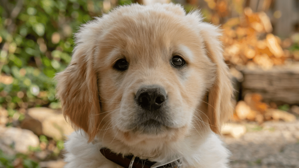 golden retriever puppy with soft fur dark eyes and floppy ears looking at the camera