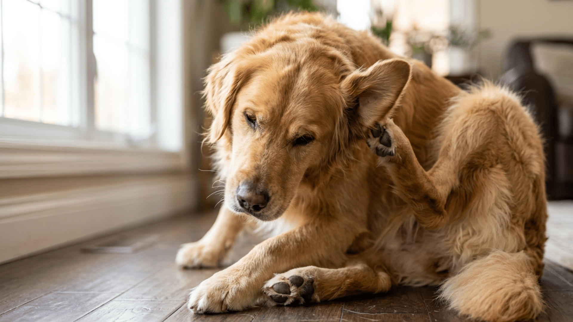 golden retriever scratching its ear with a hind leg while sitting on a hardwood floor inside a sunlit home