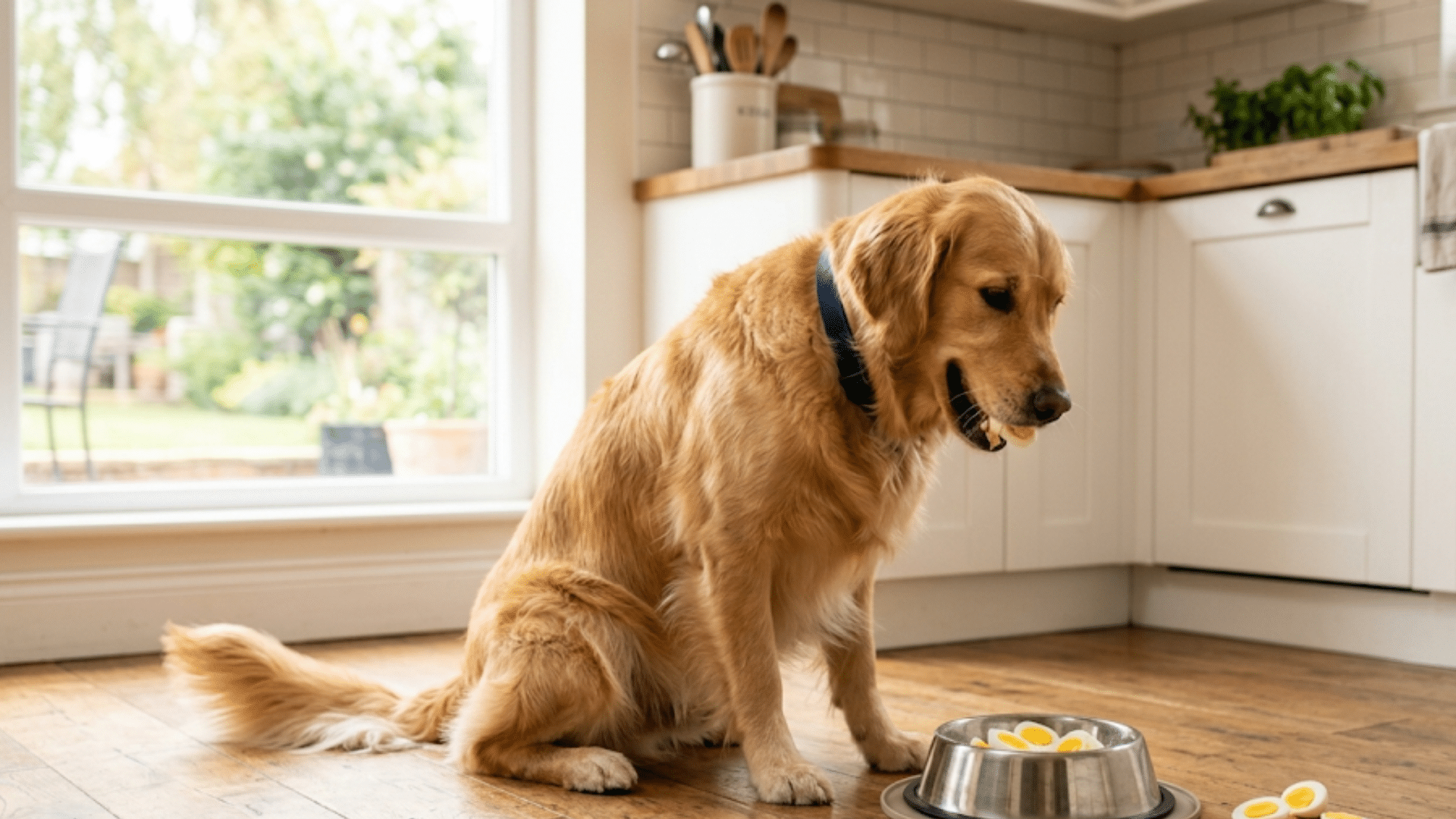 golden retriever sitting on a kitchen floor beside a food bowl with sliced boiled eggs and one in its mouth