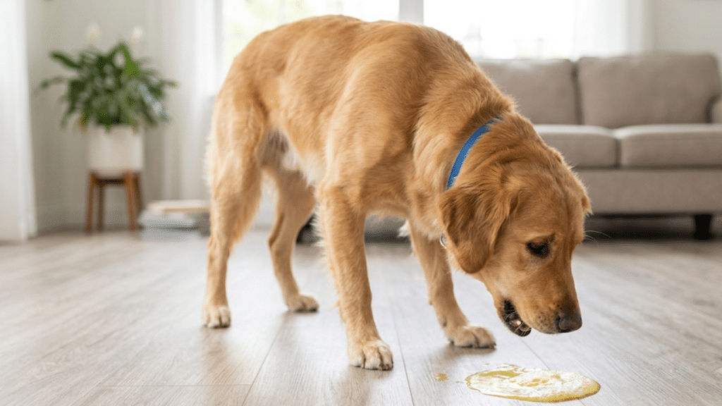 golden retriever standing on a living room floor looking down at a small puddle after vomiting indoors