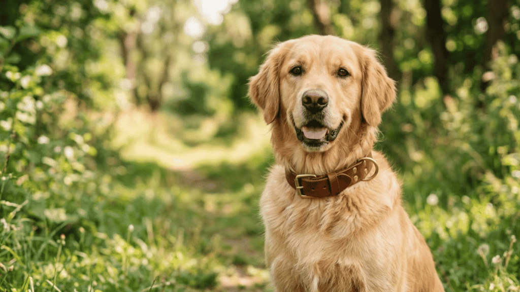 golden retriever wearing a brown leather collar sitting on a forest trail surrounded by green trees and sunlight