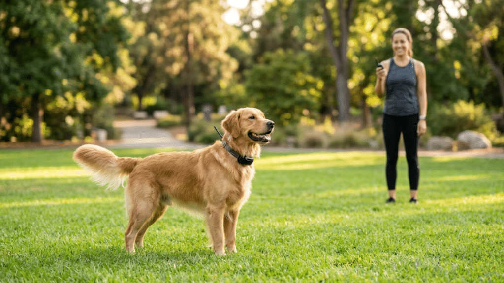 golden retriever wearing an e collar standing in a grassy park during outdoor training with owner holding a remote