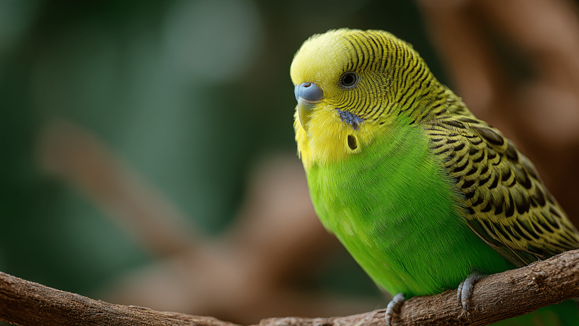 green and yellow budgie resting inside cage near hanging toy with soft feathers and alert pose