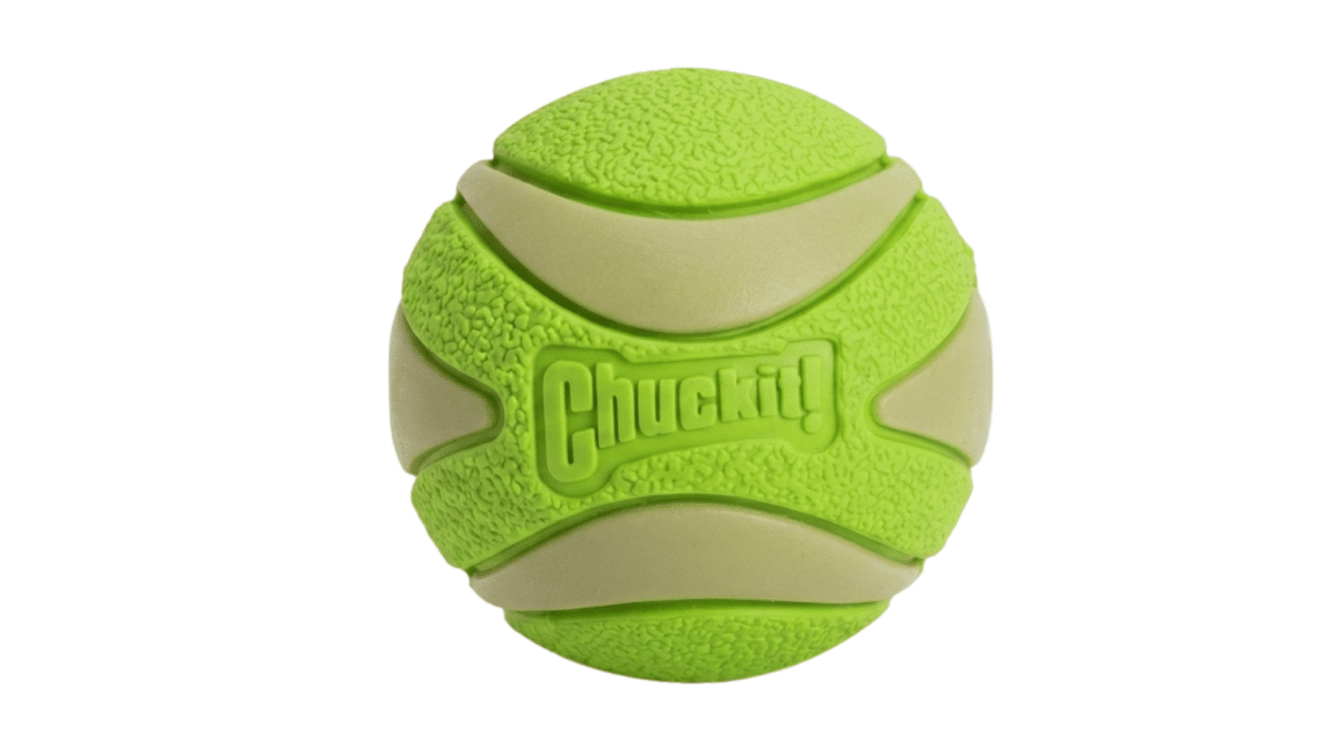green chuckit ultra ball dog toy with textured rubber surface designed for fetch and heavy chewing playtime