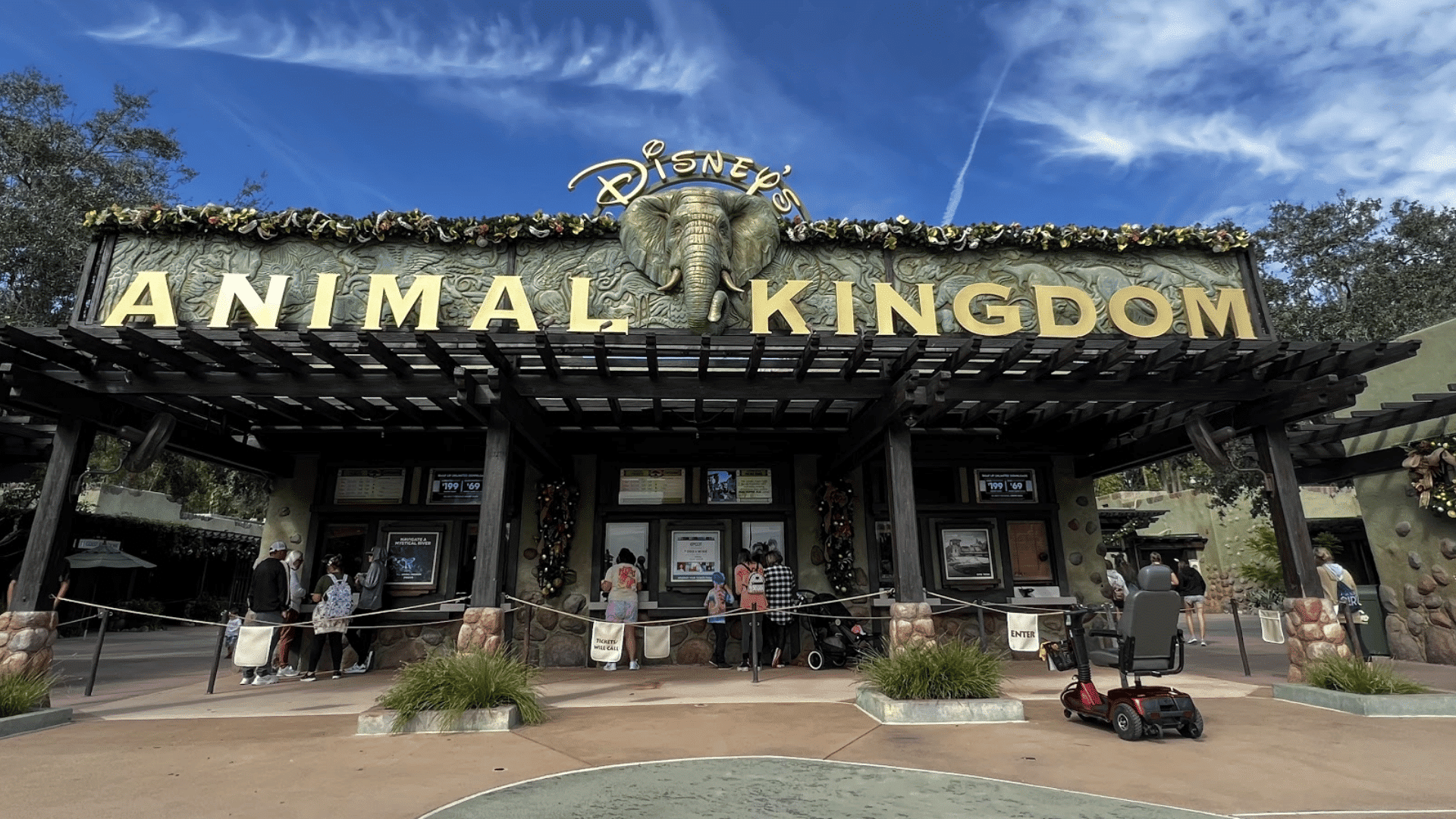 guests stand at disney animal kingdom oasis entrance beneath large themed sign with elephant sculpture and blue sky above
