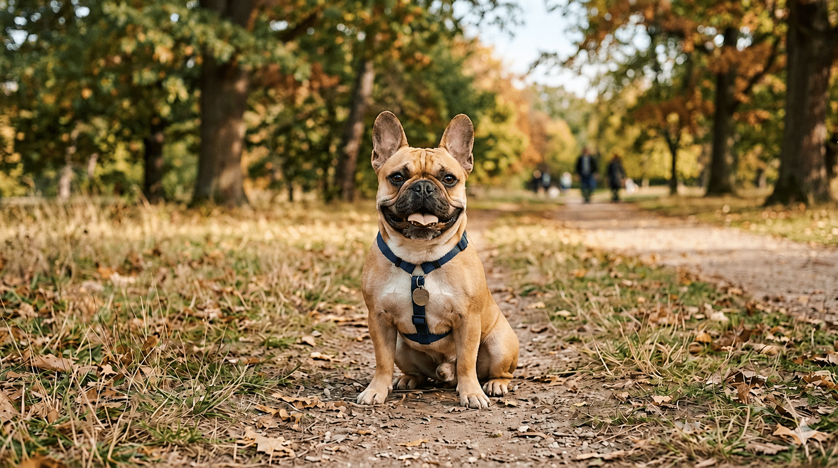 happy french bulldog sitting on a park trail in autumn showing do frenchies shed and french bulldog lifespan